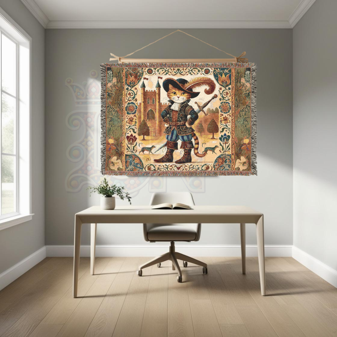 Puss in Boots Woven Blanket - 100% Cotton Tapestry Throw, Fairy Tale Cat Decor, Medieval Castle Art, Whimsical Vintage Gift
