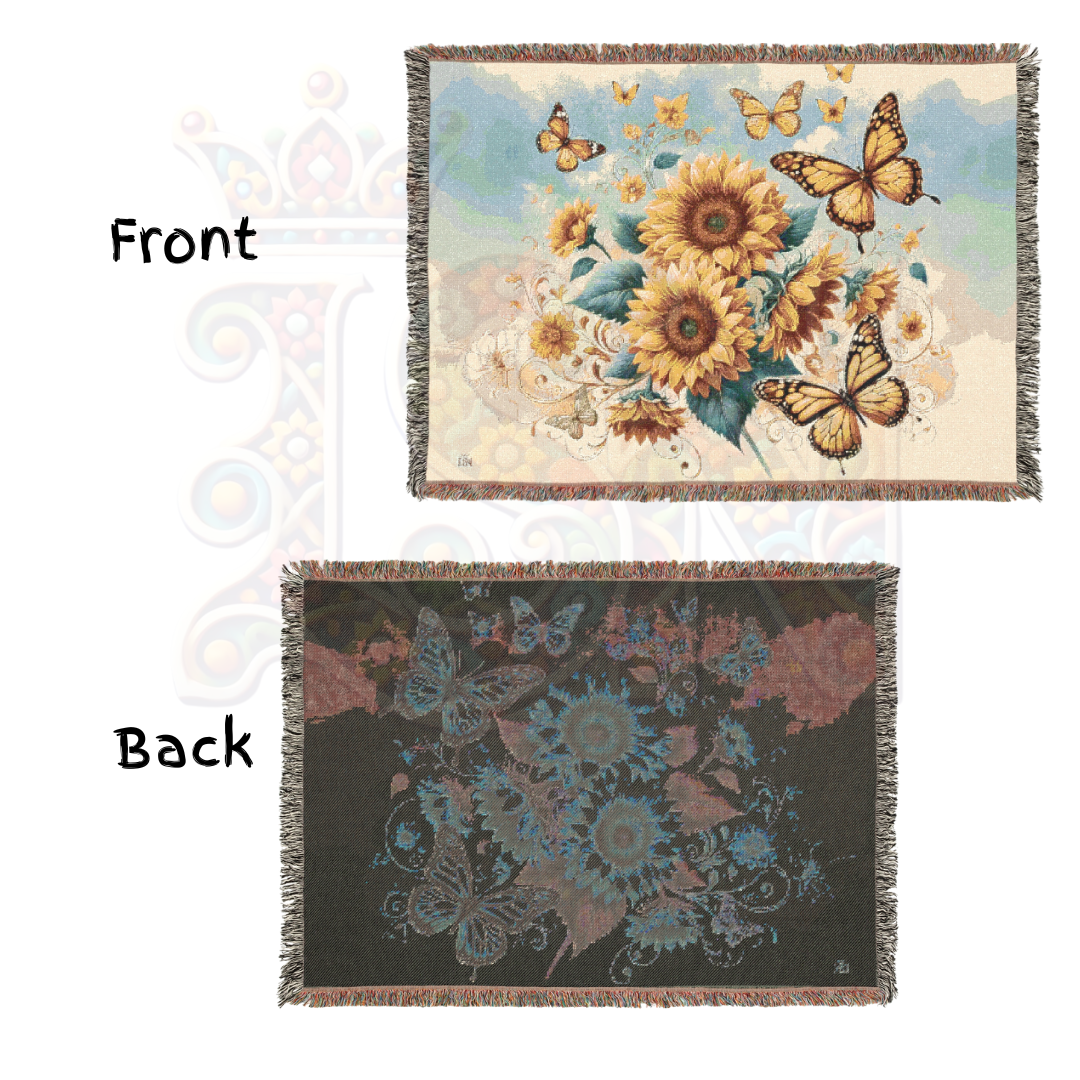 Sunflower Butterfly Woven Blanket – 100% Cotton Boho Throw 🌻 Cozy Cottagecore Tapestry, Nature-Inspired Home Decor, Rustic Farmhouse Gift