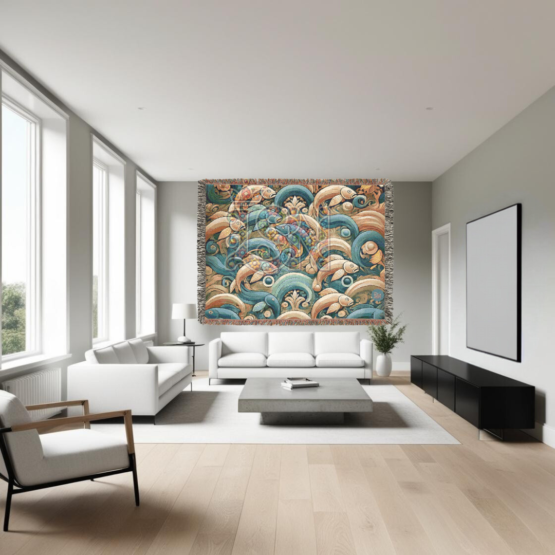 River Dance Folk Art Woven Blanket – Vibrant Fish & Flowing Water Nature-Inspired Throw