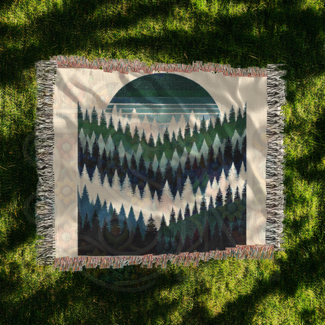 Forest Sunset Woven Blanket, 100% Cotton Throw – Nature-Inspired Cozy Tapestry for Home, Cabin, or Adventure Lovers