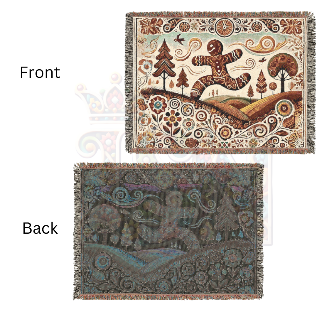 Whimsical Gingerbread Village Woven Blanket – Cozy Folk Art