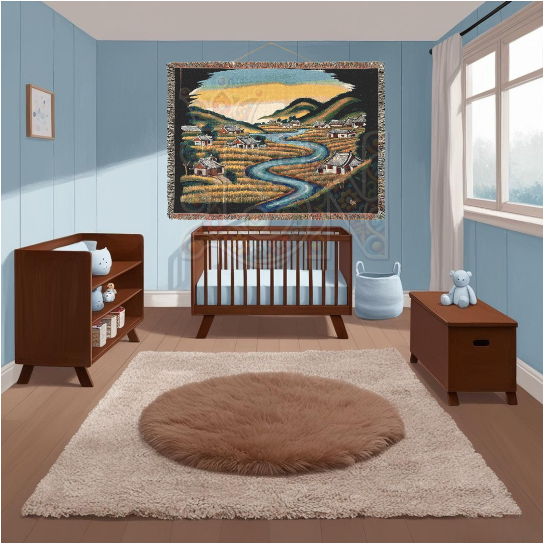 River of Rice – Asian Korean Folk Art Woven Throw Blanket with Countryside Village Scene