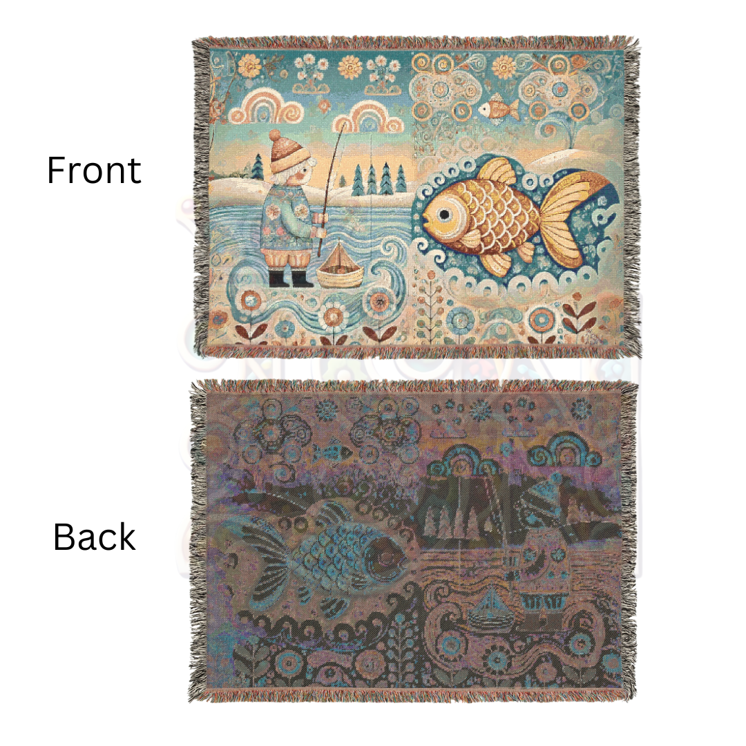 Golden Fish & Little Fisherman Woven Blanket, Folk Art Fairytale Light Tapestry – 100% Cotton Cozy Throw