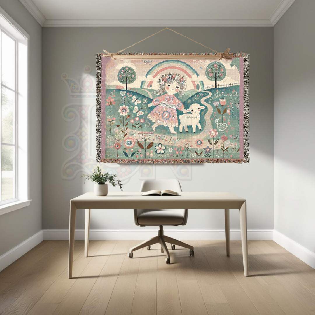 Mary Had a Little Lamb Woven Blanket, Light Pastel Fairytale Cotton Tapestry Throw