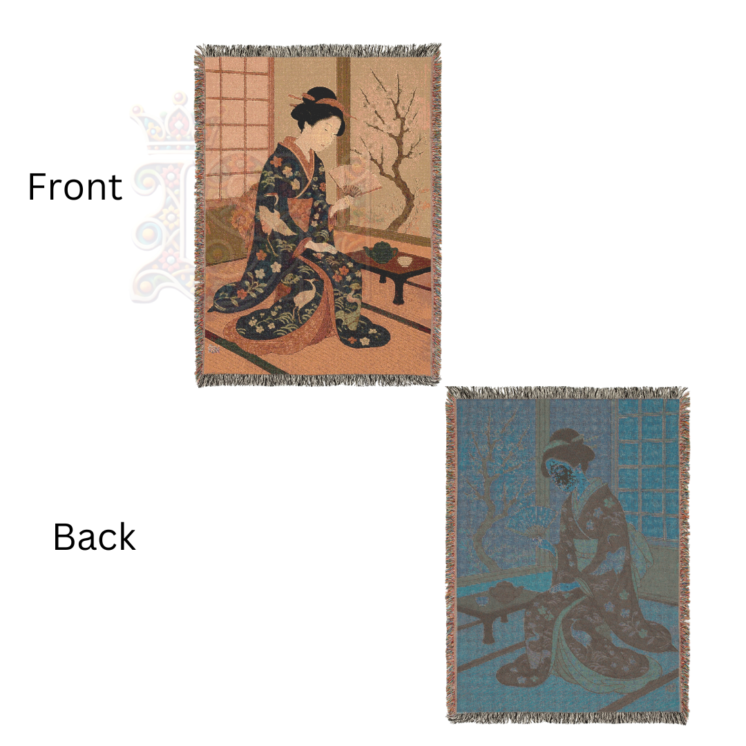 Reading by the Window Blanket – Geisha in Spring Woven Blanket – Japanese-Inspired Tapestry Throw with Cherry Blossoms