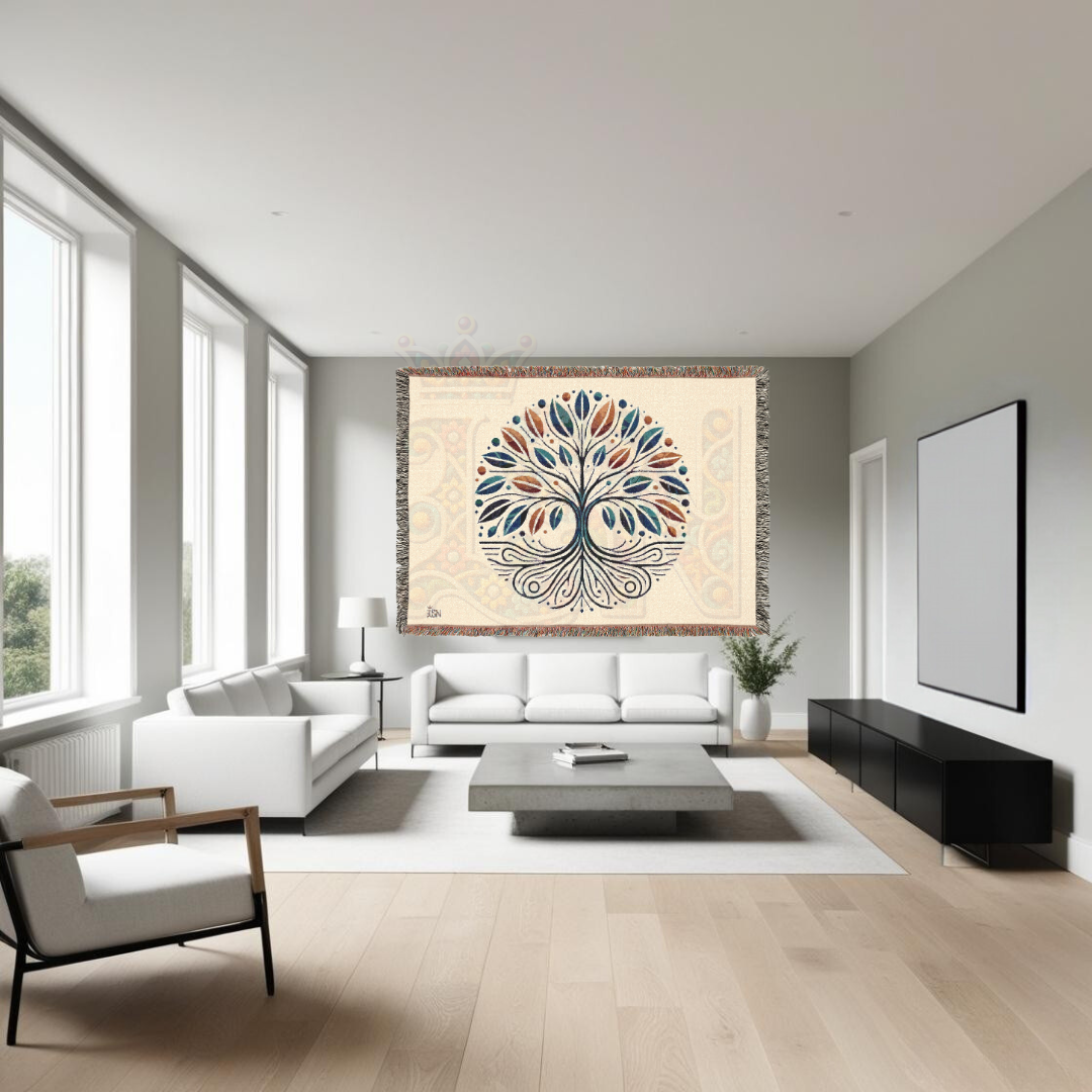 Tree of Life Woven Throw Blanket – Nature-Inspired Cotton Tapestry in Blue & Rust