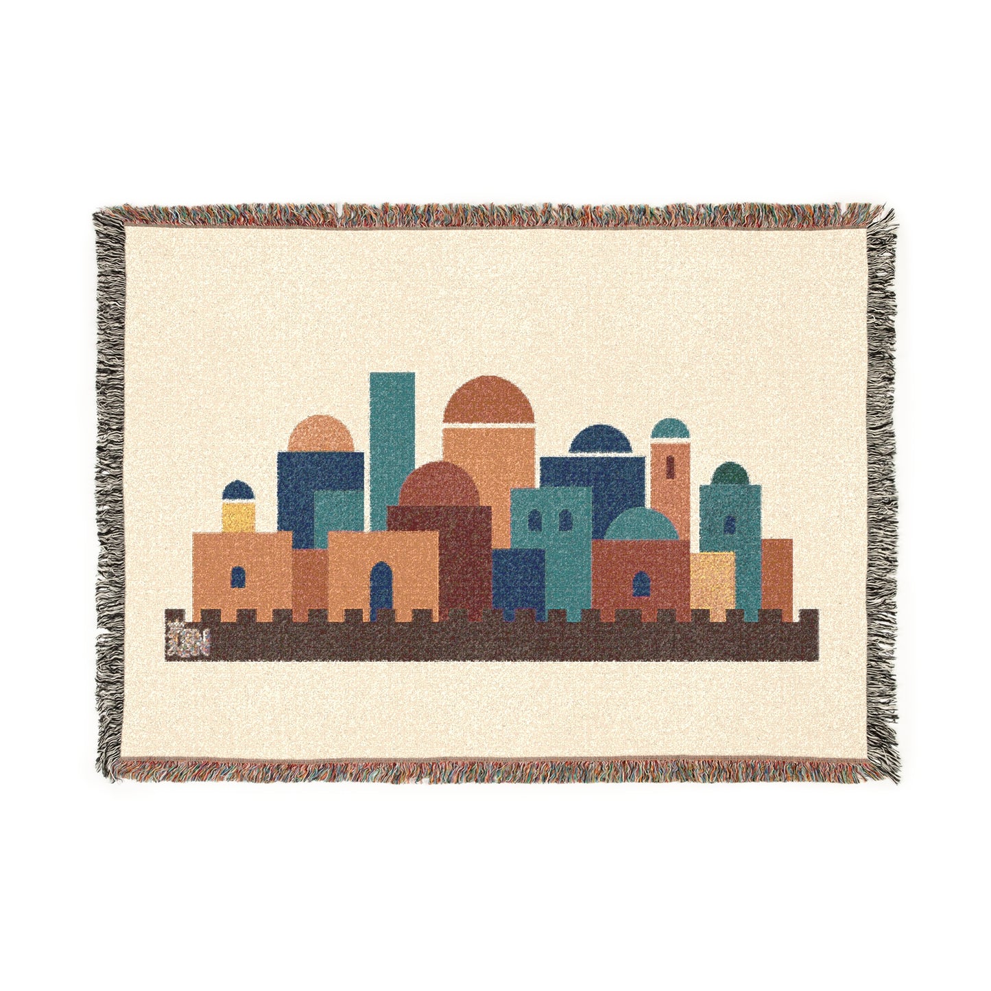 Jerusalem Skyline Modern Judaica Woven Blanket – Contemporary Cityscape Tapestry Throw, Neutral Home Decor, Heirloom Gift