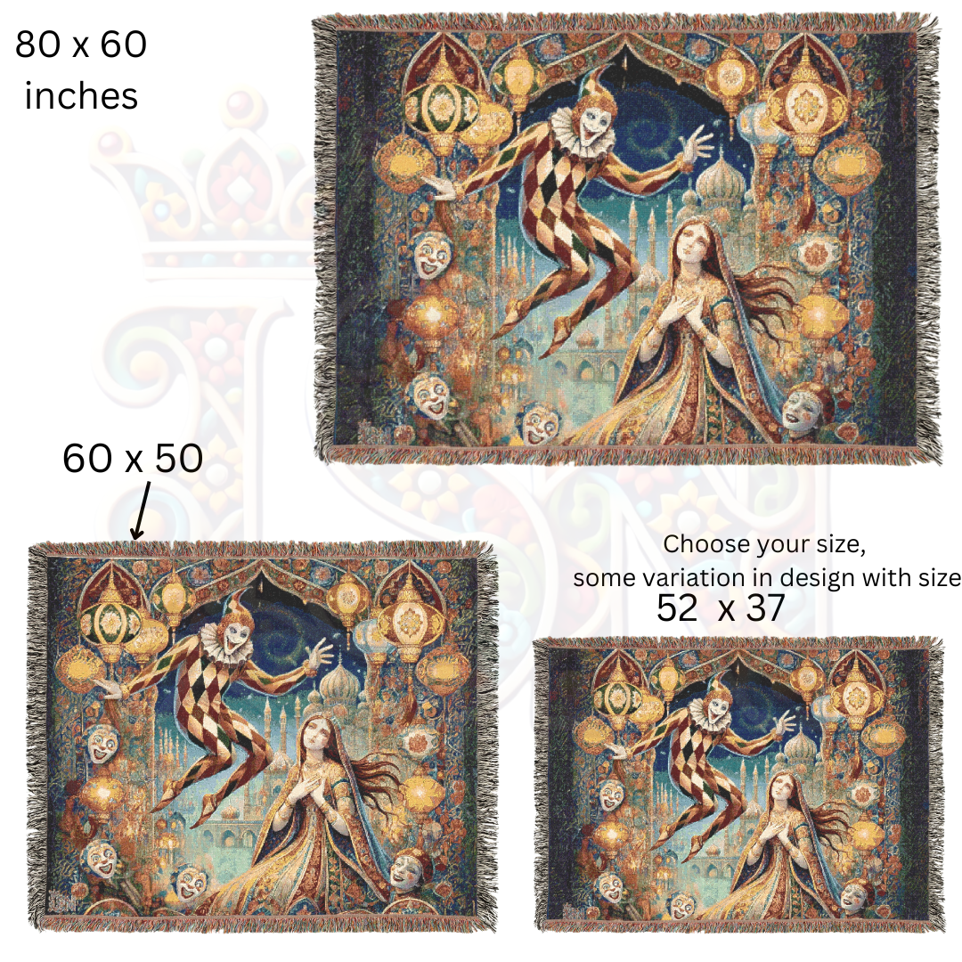 Enchanting Harlequin & Maiden Woven Blanket – 100% Cotton, Fantasy Tapestry, Bohemian Home Decor, Gothic Art Throw, Unique Gift