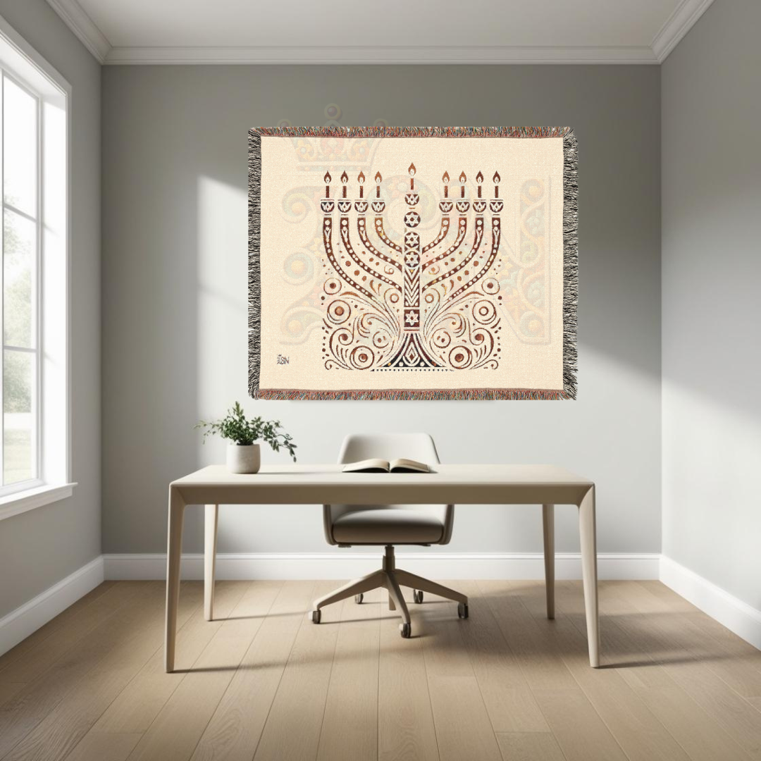 Radiant Menorah Folk Art Woven Blanket – Hanukkah Symbol of Light & Tradition Throw
