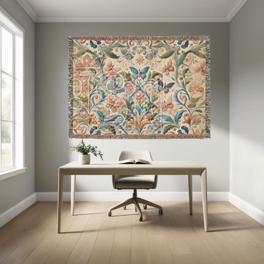 Fluttering Grace Pink & Blue Butterfly Folk Art Woven Blanket – Elegant Nature-Inspired Throw with Delicate Butterfly Motifs