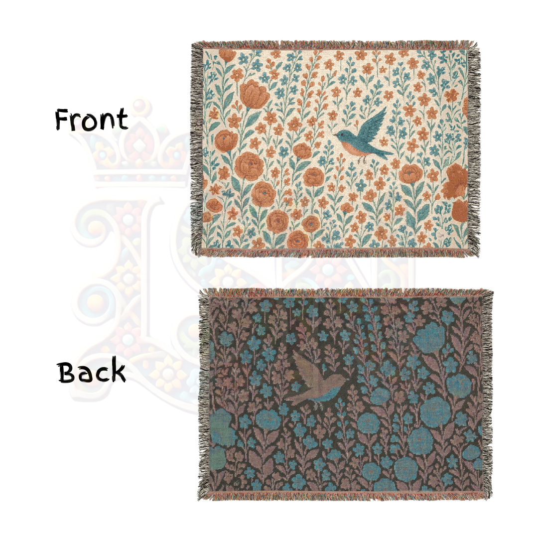 Bluebird’s Garden Woven Blanket – Fairycore Floral Throw, Cozy Nature-Inspired Nursery Decor