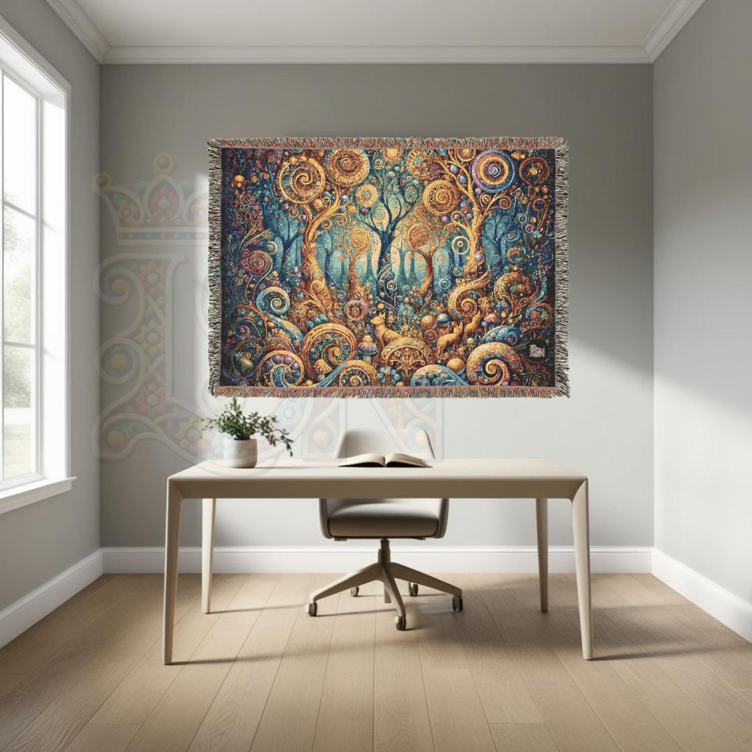 Whimsical Golden Trees – Folk Art Woodland Woven Throw Blanket
