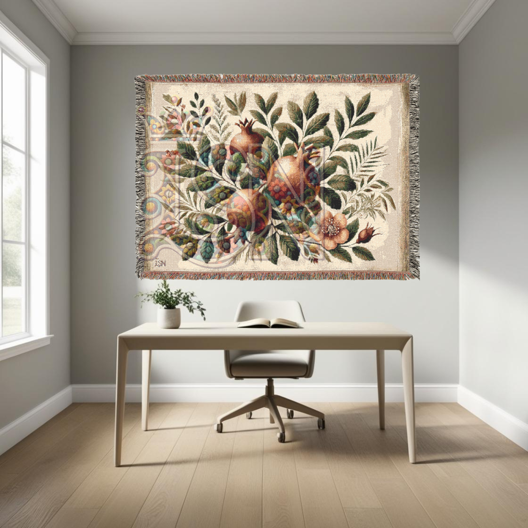 Pomegranate Blessing Woven Botanical Throw Blanket – 100% Cotton Heirloom Tapestry for Home & Gift