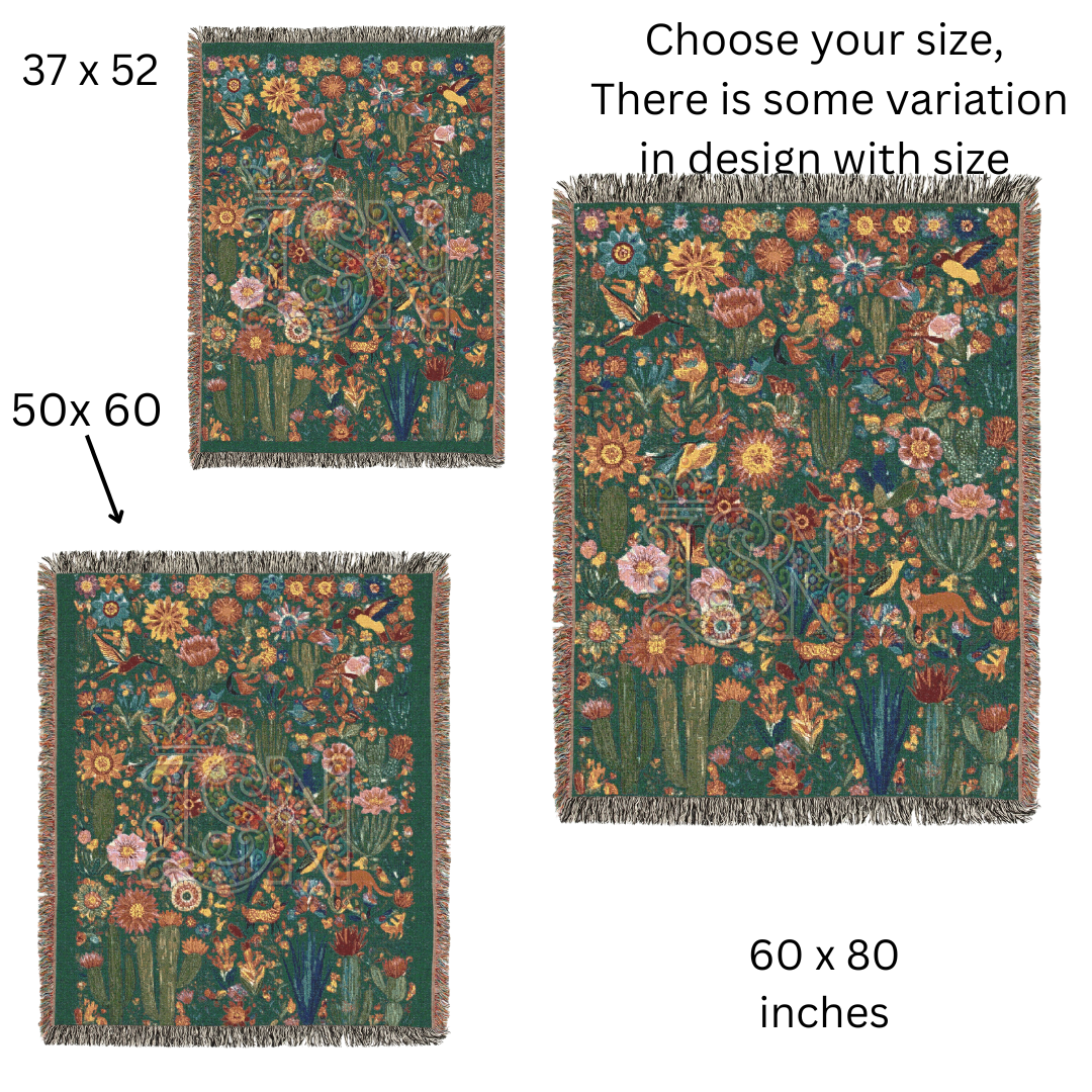 Vibrant Mexican Folk Art Woven Blanket in Green | Cacti, Birds, and Flowers Design