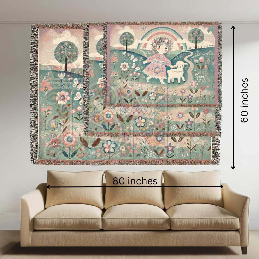 Mary Had a Little Lamb Woven Blanket, Light Pastel Fairytale Cotton Tapestry Throw