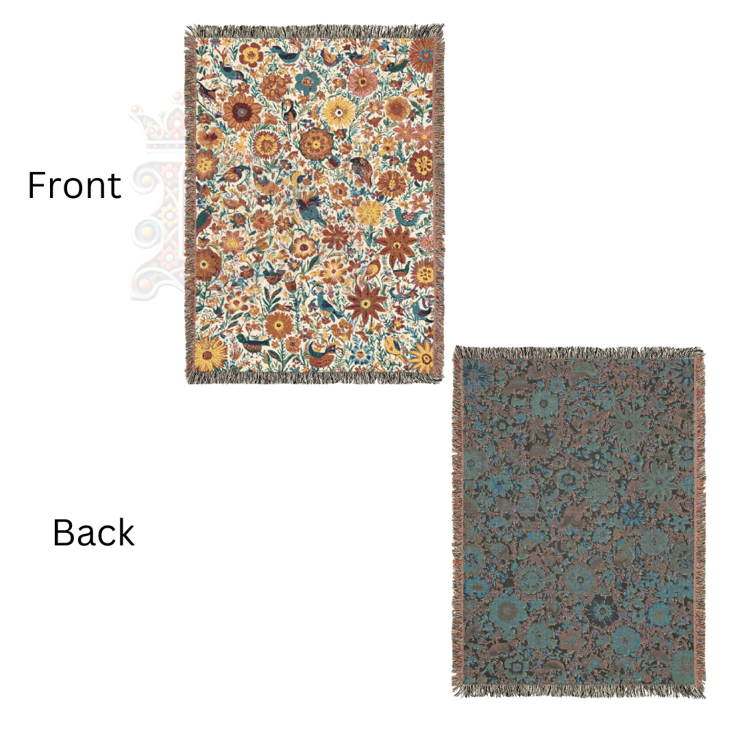 Botanical Garden Woven Blanket, 100% Cotton Tapestry Throw with Vintage Floral & Bird Pattern, Nature-Inspired Home Decor