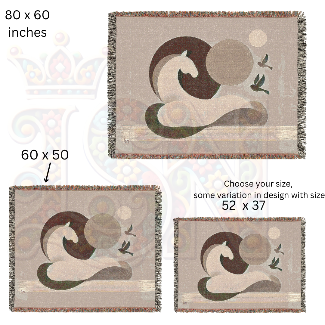 Serene Equine Minimalist Horse and Birds Woven Blanket, Earth Tone Cozy Throw, Modern Nature-Inspired Home Decor Gift