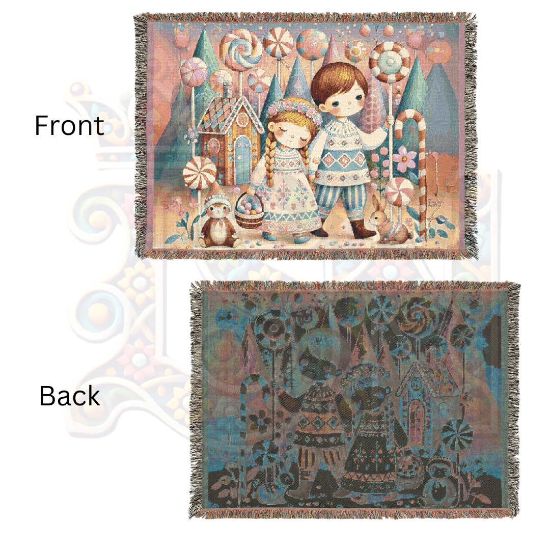 Hansel & Gretel Inspired Enchanted Candyland Village – Fairytale Woven Blanket