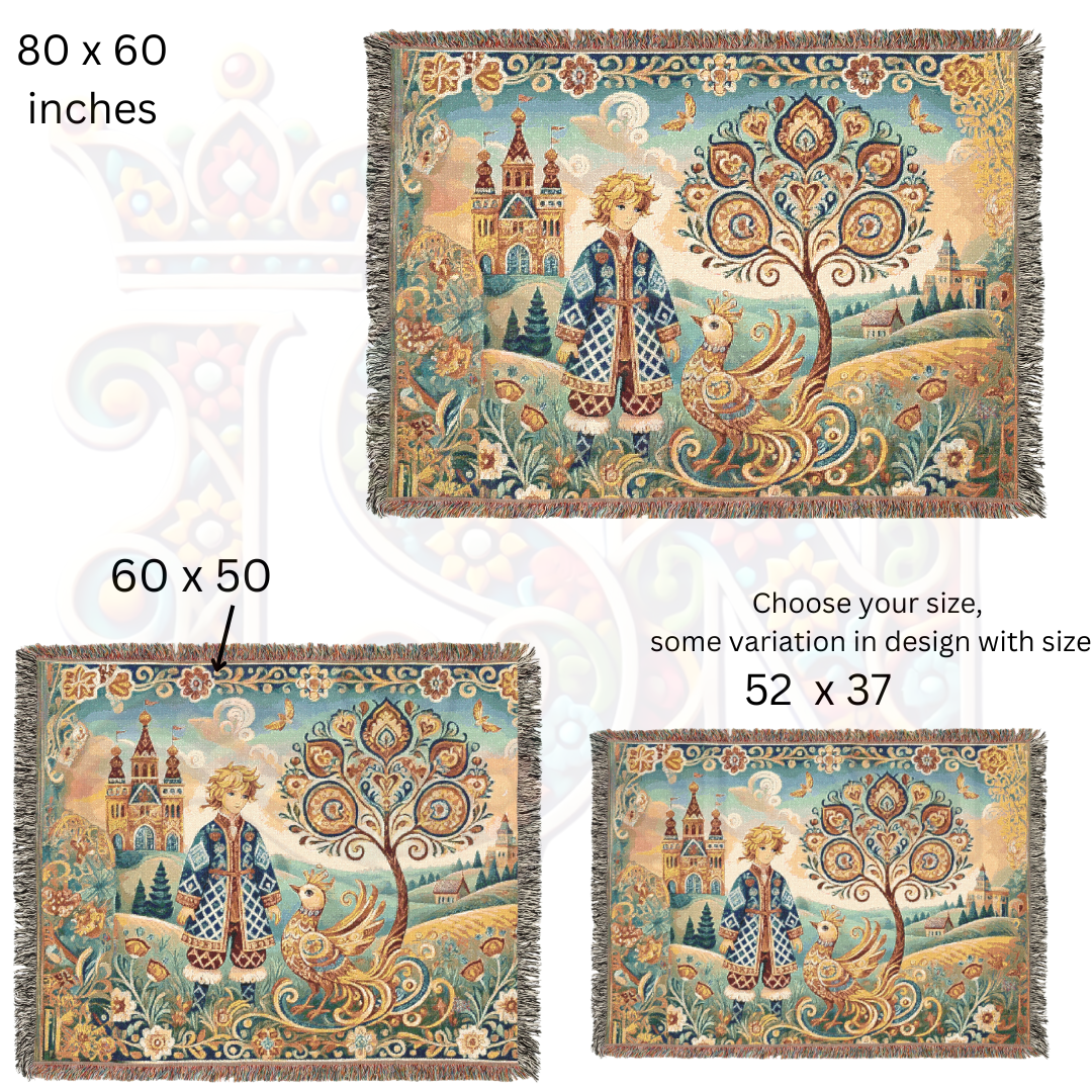 Fairy Tale Folk Art Woven Blanket – Enchanted Prince & Light Firebird, Slavic-Inspired Tapestry Throw for Cozy, Whimsical Décor