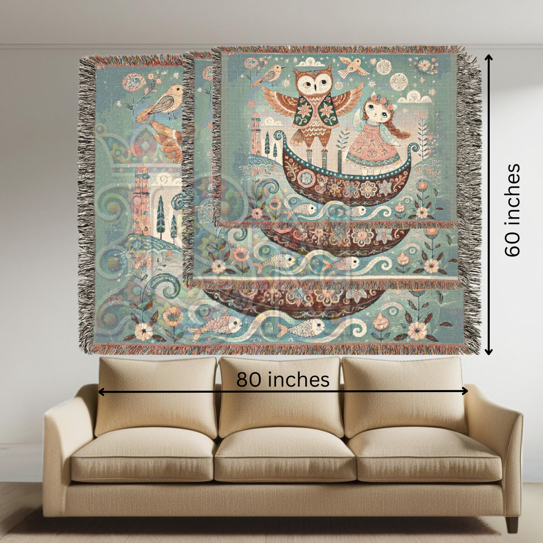 Owl & Pussycat Folk Art Woven Blanket, 100% Cotton Tapestry – Whimsical Storybook Throw, Boho Light Cottagecore Decor, Unique Gift for Dreamers