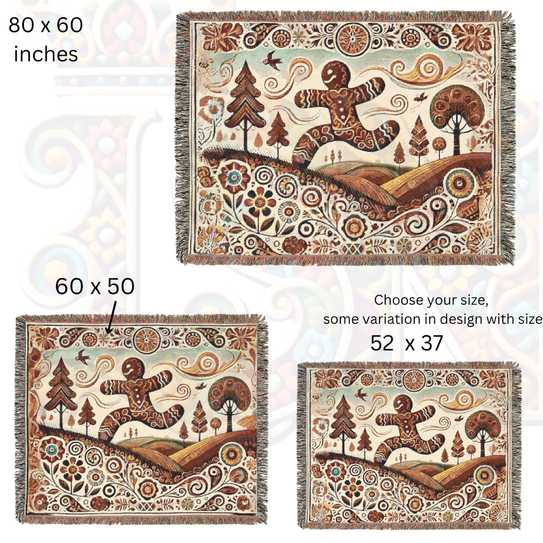 Whimsical Gingerbread Village Woven Blanket – Cozy Folk Art