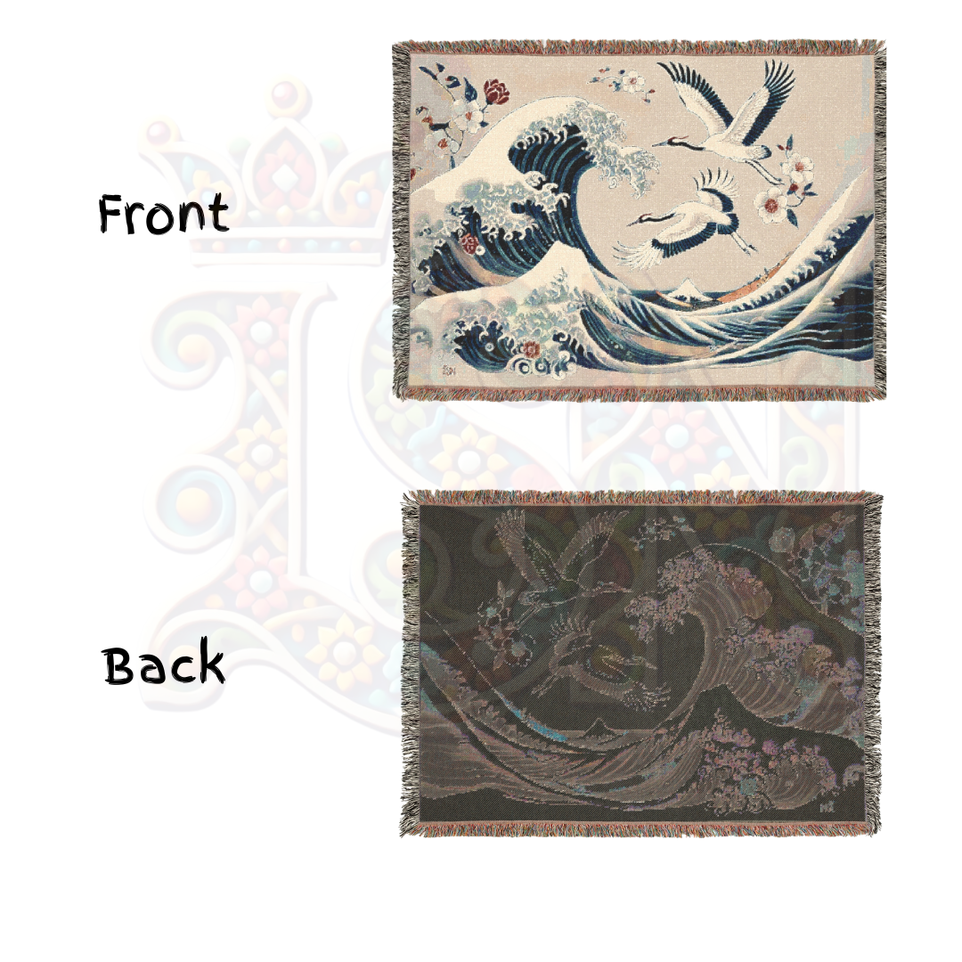 Japanese Wave & Crane Woven Blanket – 100% Cotton Tapestry Elegant Ocean Throw, Traditional Art Home Decor, Ukiyo-e Inspired Gift