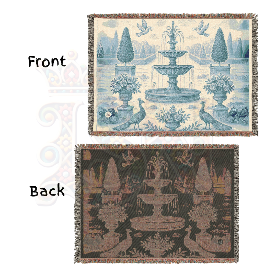 French Garden Peacock Woven Blanket – Blue Fountain Tapestry Throw for Elegant Wall Art or Sofa Décor – 100% Cotton Chateau Textile