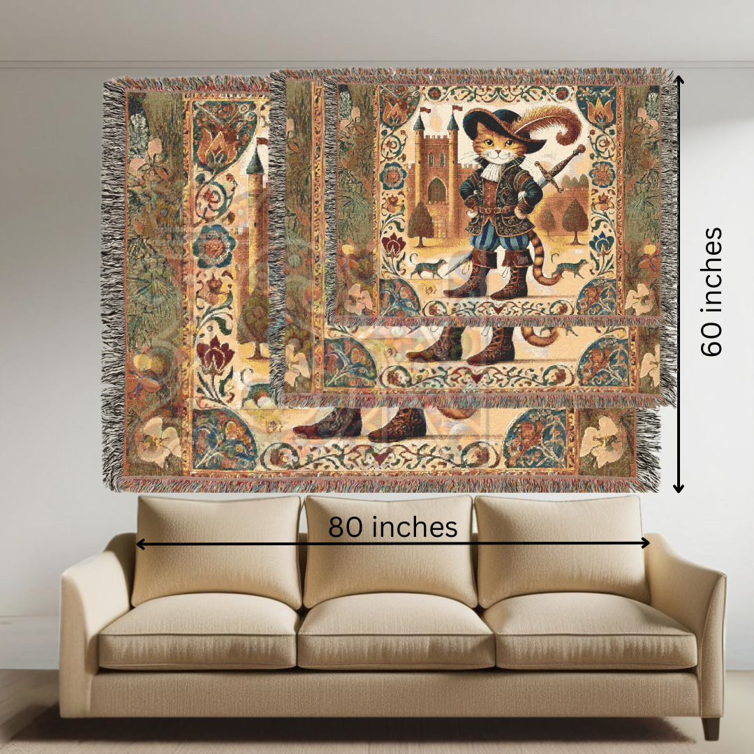 Puss in Boots Woven Blanket - 100% Cotton Tapestry Throw, Fairy Tale Cat Decor, Medieval Castle Art, Whimsical Vintage Gift