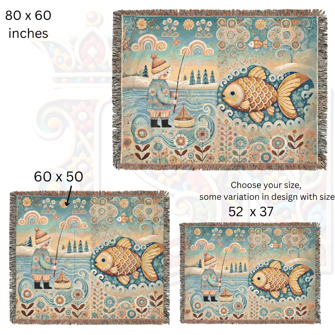 Golden Fish & Little Fisherman Woven Blanket, Folk Art Fairytale Light Tapestry – 100% Cotton Cozy Throw