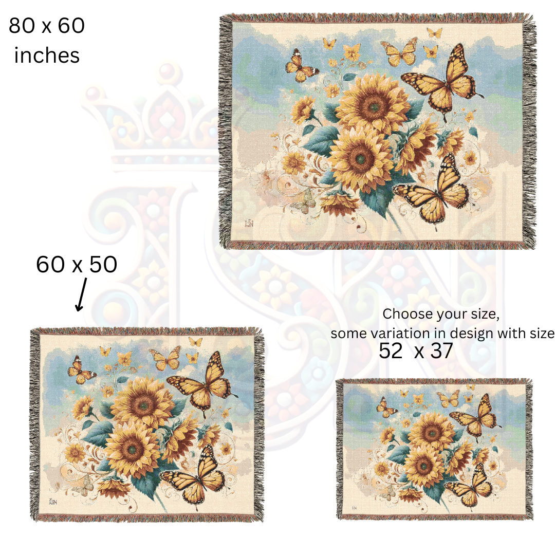 Sunflower Butterfly Woven Blanket – 100% Cotton Boho Throw 🌻 Cozy Cottagecore Tapestry, Nature-Inspired Home Decor, Rustic Farmhouse Gift