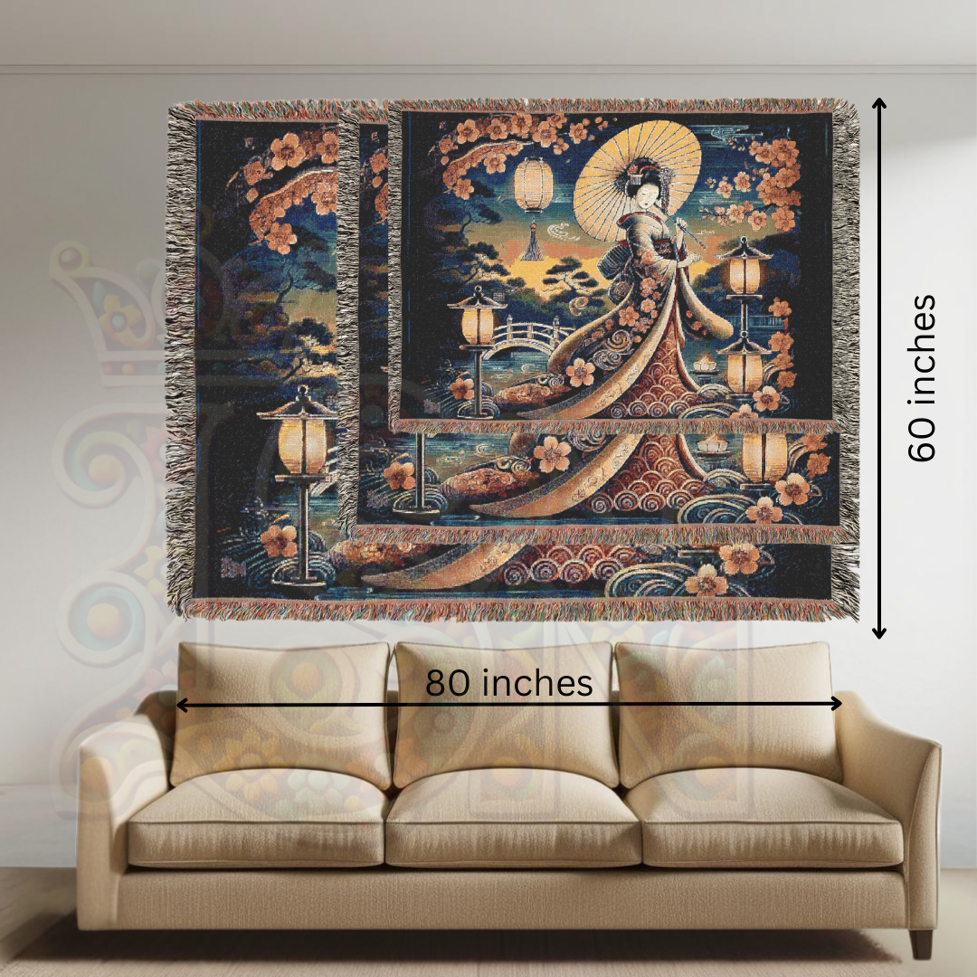 Japanese Folk Art Geisha Woman Serenity Tapestry Blanket – Elegant Japanese Art, Cherry Blossoms & Lantern Glow – Cozy & Decorative Throw