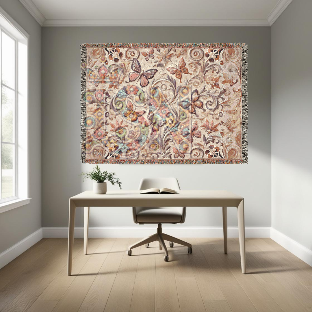 Whispers of Wings Butterfly Garden Woven Blanket – Elegant Folk Art Throw with Butterflies & Floral Motifs for Home & Gift