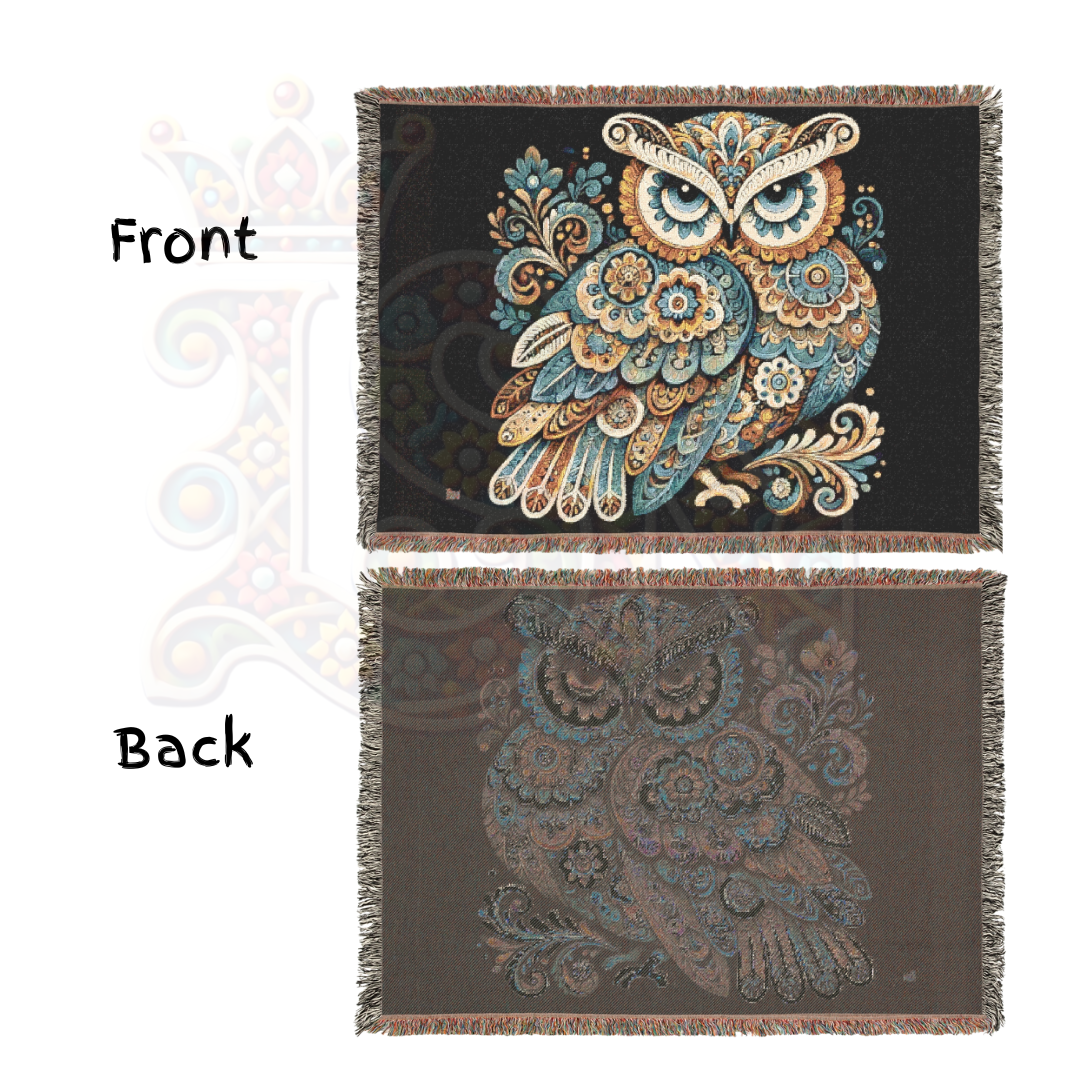 Boho Blue & Gold Owl Woven Blanket – 100% Cotton Tapestry Throw, Ornate Nature Decor, Elegant Couch Blanket, Nordic Owl Art Gift