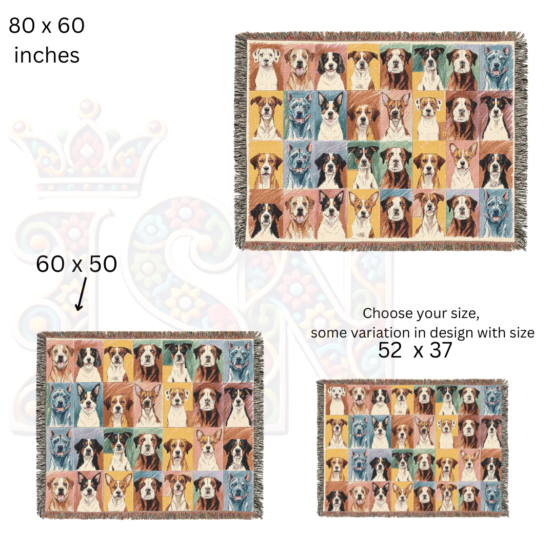 Dog Lover’s Portrait Blanket – Colorful Dog Breeds in Folk Art Style, 100% Cotton Woven Throw for Home Decor