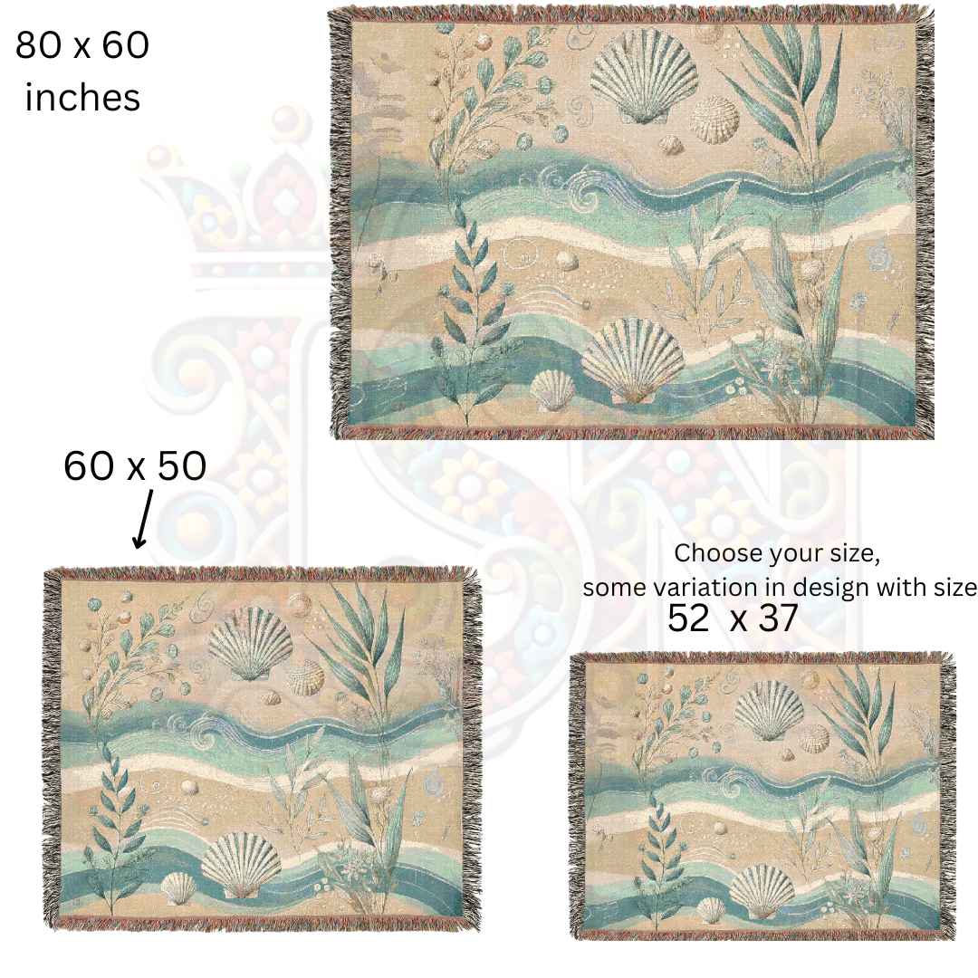 Coastal Woven Blanket – 100% Cotton Nautical Throw | Beach House Tapestry | Ocean-Inspired Shell & Seaweed Decor | Boho Coastal Gift
