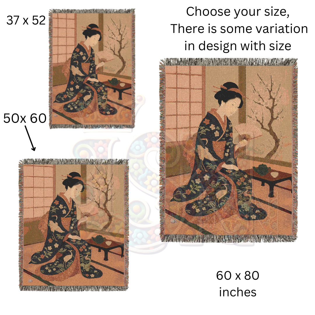 Reading by the Window Blanket – Geisha in Spring Woven Blanket – Japanese-Inspired Tapestry Throw with Cherry Blossoms