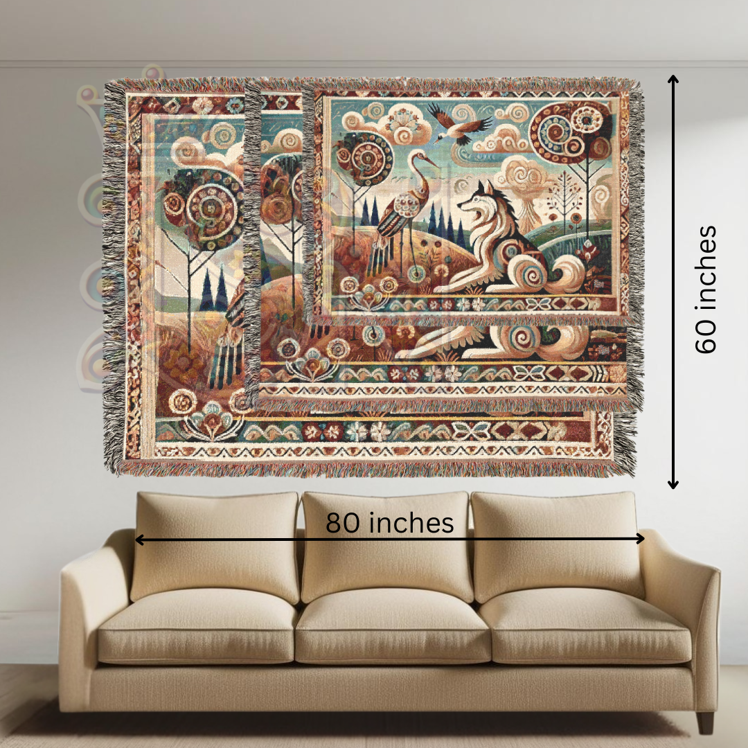 Boho Mystical Wolf & Crane Tapestry Blanket – Inspired by Aesop's Fables - Folk Art Nature Woven Throw, Whimsical Animal Decor for Dreamy Homes & Cozy Spaces