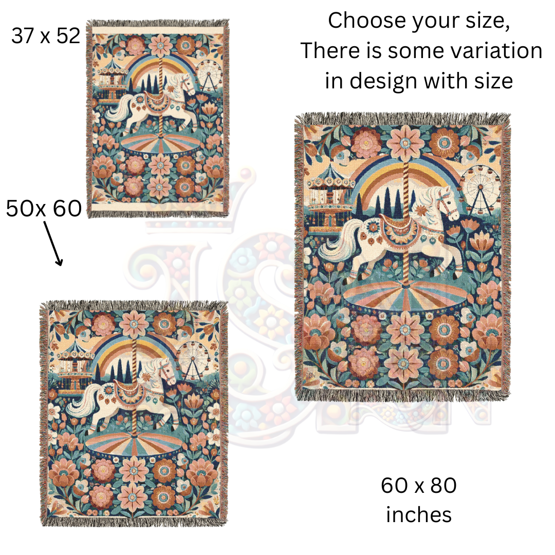 The Midnight Carousel – Folk Art Woven Throw Blanket with Carnival Horse and Florals