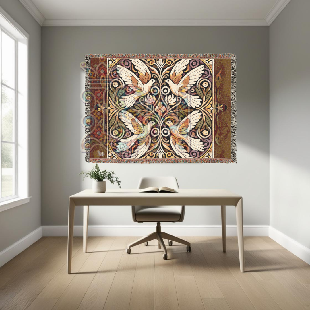 Four Doves Harmony Folk Art Woven Blanket – Peaceful Unity Throw with Ornamental Floral Design