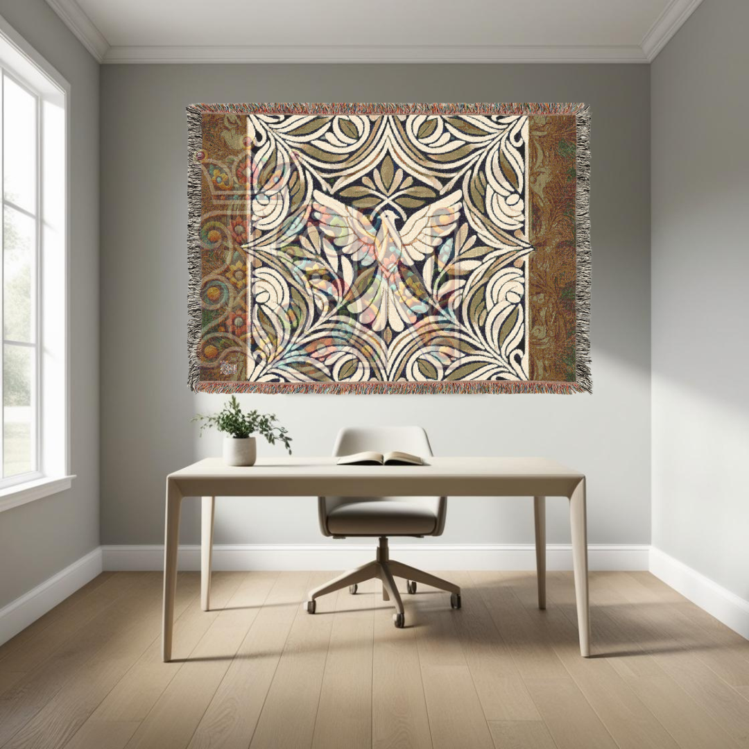 Graceful Flight Folk Art Dove Woven Blanket – Majestic Peace Symbol Throw with Ornate Nature Design