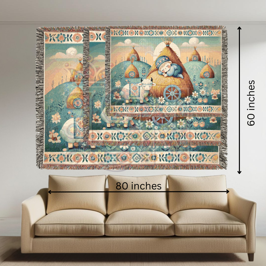 Little Boy Blue Inspired Cozy Farm Woven Blanket – 100% Cotton Tapestry Throw – Sleeping Boy & Sheep Pastoral Scene, Rustic Country Decor, Folk Art Style