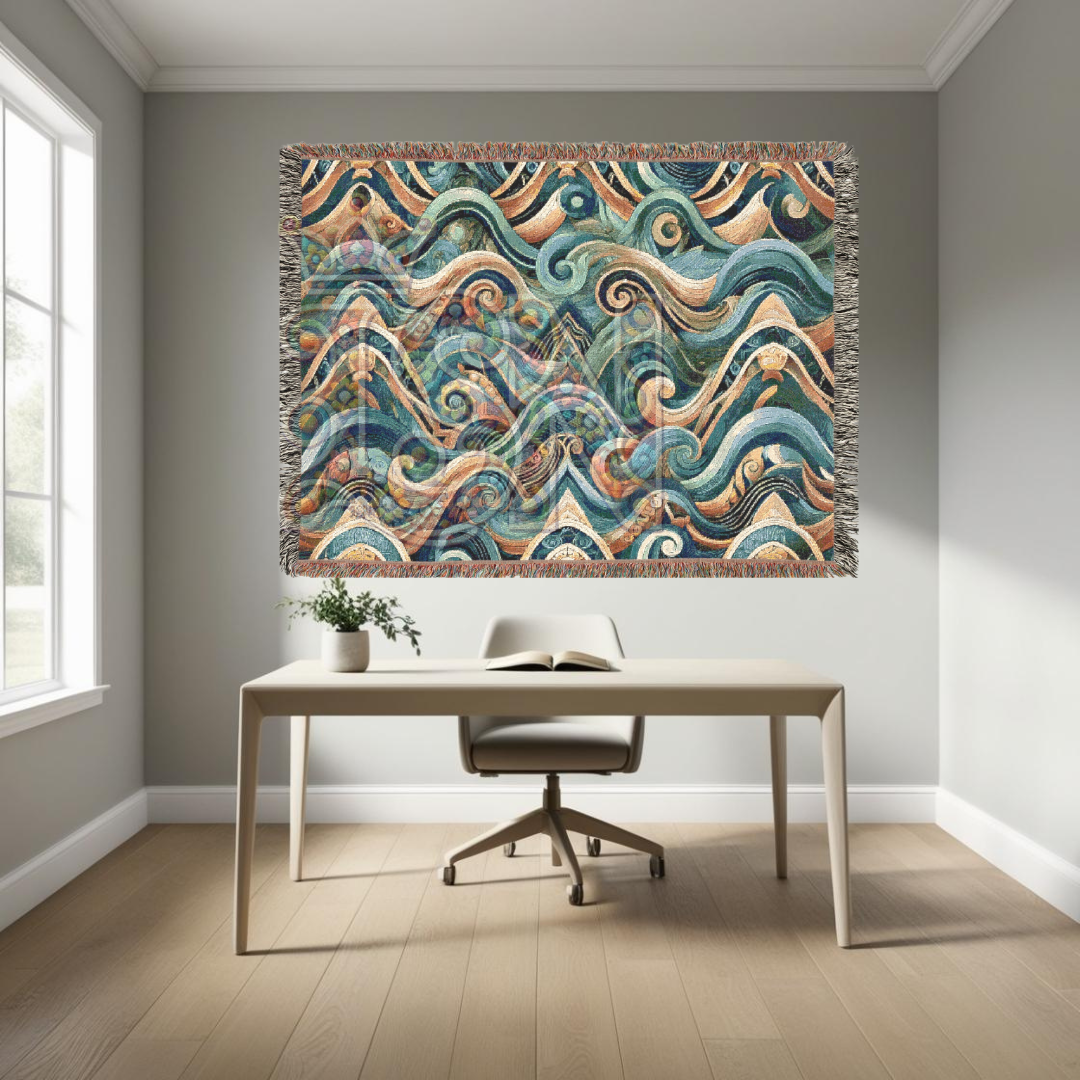 Abstract Ocean Waves Woven Throw Blanket – Tribal Inspired Cotton Tapestry