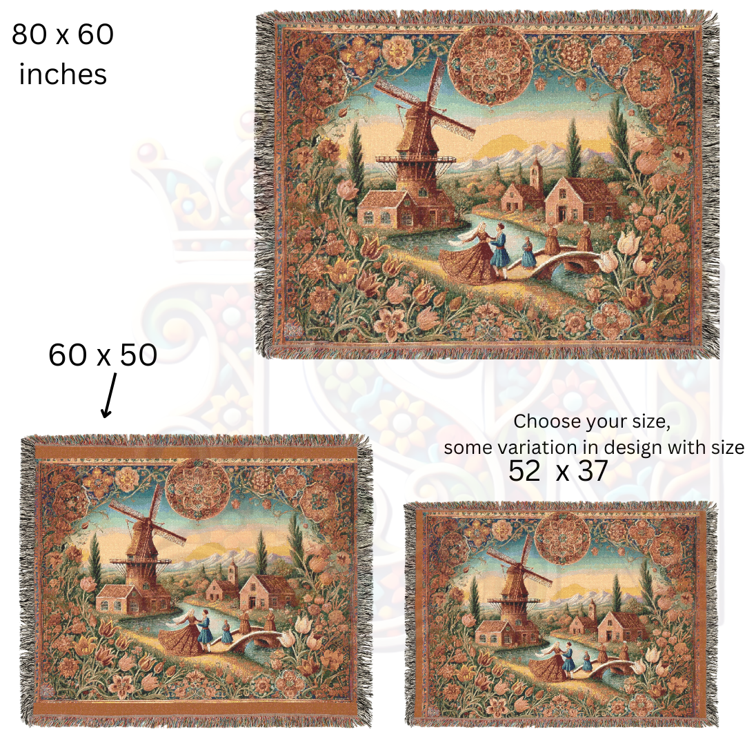 Dutch Countryside Woven Blanket – 100% Cotton, Windmill Tapestry, Vintage Farmhouse Decor, Rustic European Throw, Cozy Heritage Gift