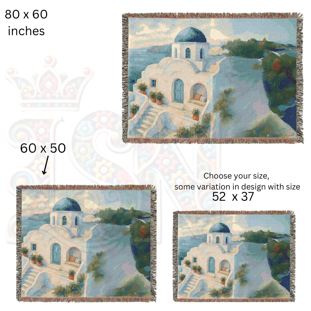 Cliffside Calm – Greek Villa Woven Blanket with Blue Dome & Coastal Landscape