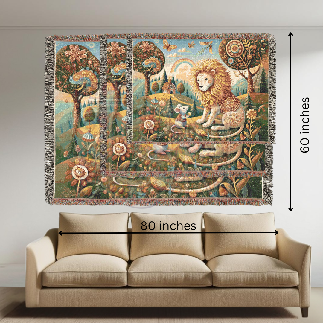 Enchanted Folk Art Woven Blanket – Storybook Lion & Mouse Tapestry | Cozy 100% Cotton Boho Woodland Throw, Nursery & Home Decor