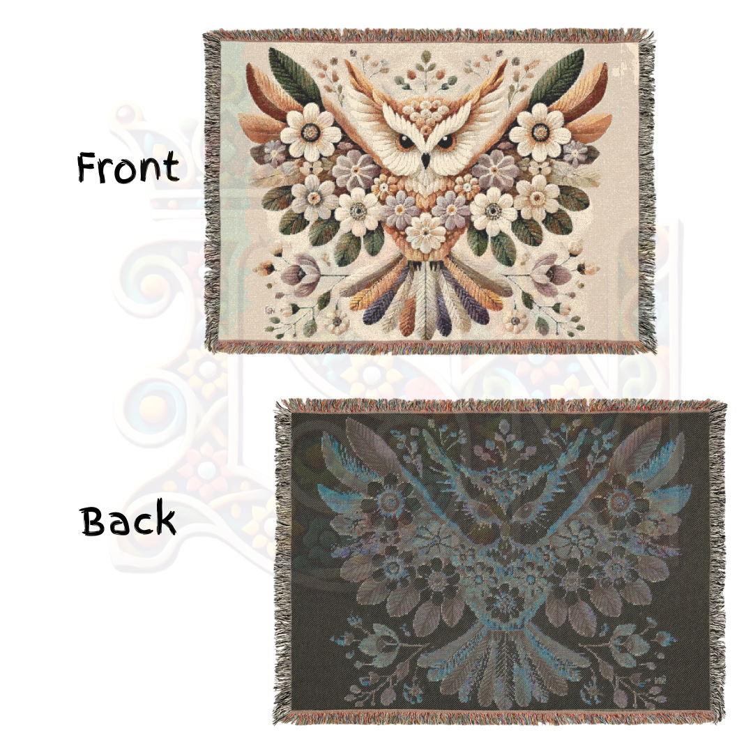 Floral Owl Woven Blanket – Cottagecore Boho Throw, 100% Cotton, Nature-Inspired Home Decor, Cozy Gift for Bird Lovers