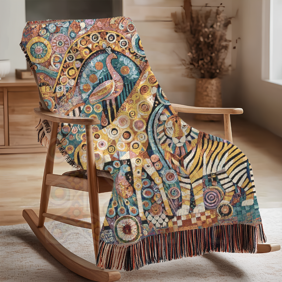 Abstract Safari Animal Woven Blanket – Giraffe, Lion & Zebra Boho Tapestry, Vibrant Folk Art Wildlife Decor, Cozy Jungle-Inspired Throw