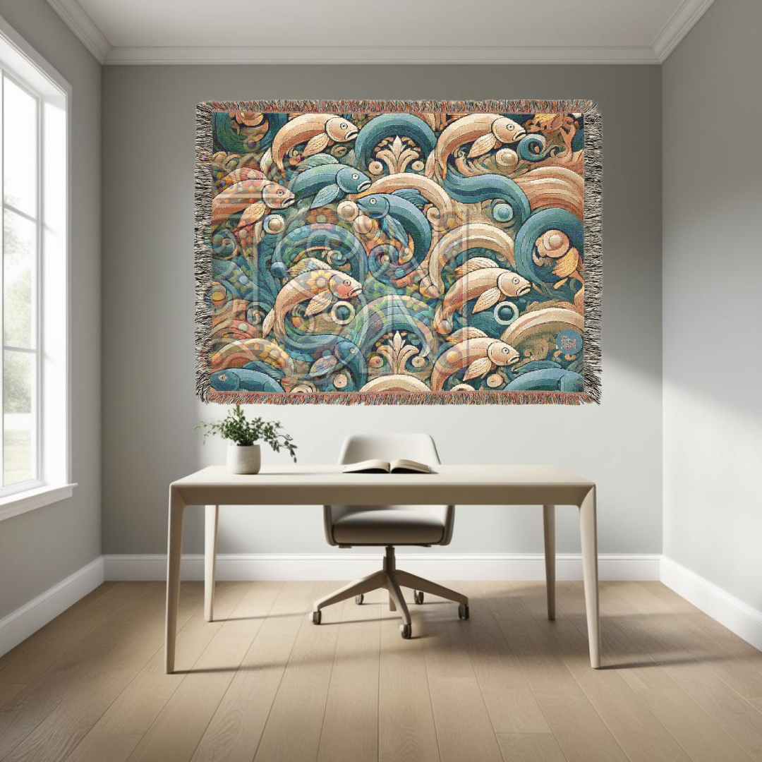 River Dance Folk Art Woven Blanket – Vibrant Fish & Flowing Water Nature-Inspired Throw