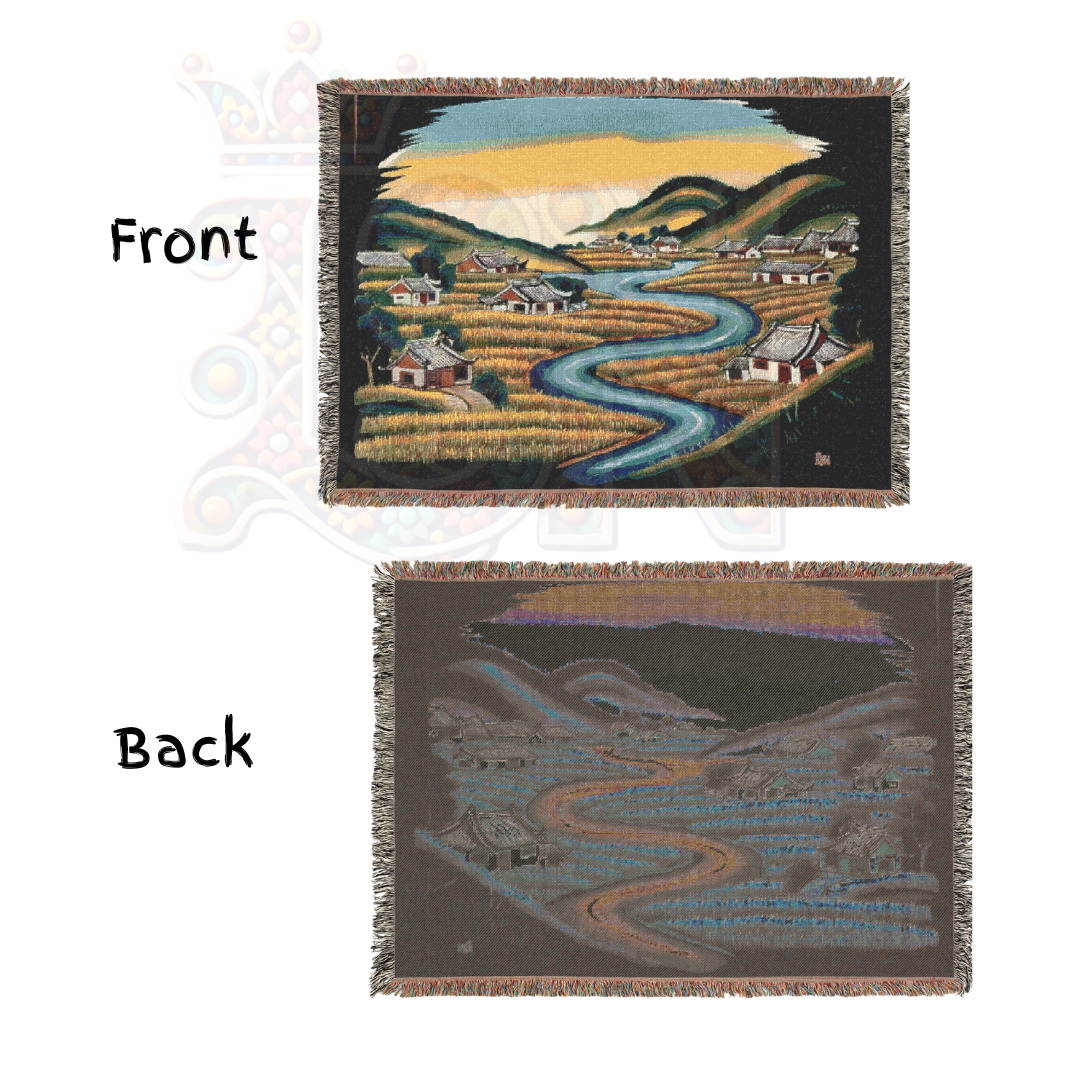 River of Rice – Asian Korean Folk Art Woven Throw Blanket with Countryside Village Scene