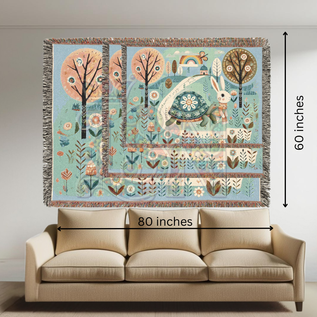 Whimsical Folk Art Woven Blanket – Tortoise & Hare Race | 100% Cotton Cozy Throw | Nursery, Cottagecore & Storybook-Inspired Décor